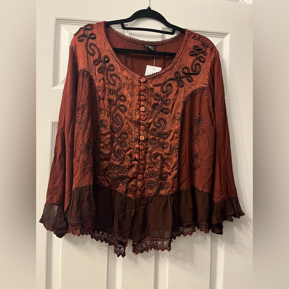 Vintage Boho Embroidered Rust Women's Top
